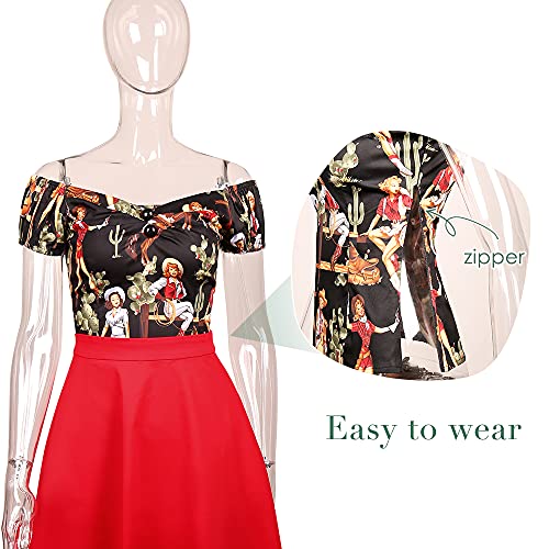 Image of YARN & INK Women's Rockabilly Tops 1950s Pinup Shirt Casual Off Shoulder Vintage Blouse