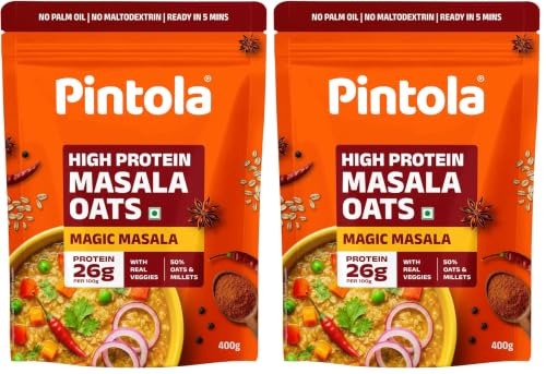 Image of Pintola 26g High Protein Masala Oats 400g, Magic Masala, Breakfast Cereal with High Fiber & Veggies, No Palm Oil, No Preservatives, 5 min Healthy Snack, Helps Manage Weight, Gym Endurance & Gut Friendly