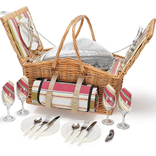 HappyPicnic Willow Picnic Basket for 4 Persons with Large Cooler Compartment and Foldable Handles, Wicker Picnic Hamper with Picnic Blanket, Willow Picnic Set, Picnic Gift Basket (Multi Stripe)