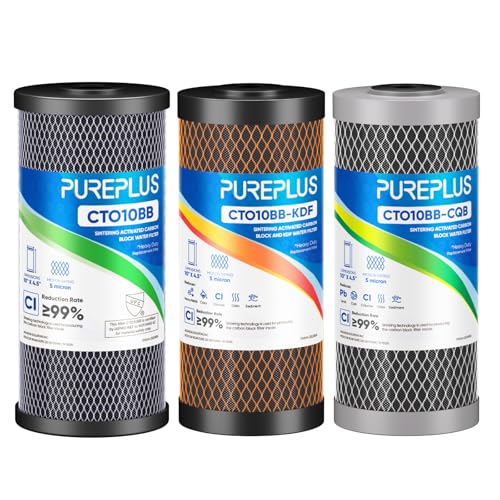 Image of PUREPLUS 10" x 4.5" Whole House Carbon Water Filter Combo Pack, CTO10BB + CTO10BB-KDF + CTO10BB-CQB, 5 Micron, Lead & Heavy Metal Reduction, Fits GE GXWH40L, DuPont WFHDC8001, 3-Pack