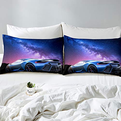Galaxy Car Duvet Cover Blue Race Car Bedding Set for Kids Boys Girls Teens Universe Starry Sky Sports Car Comforter Cover Extreme Sports Theme Design Bedspread Cover Room Decor 2Pcs Single Size,Zipper - Image 3