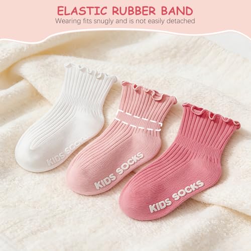 Image of SNOWIE SOFT 3-Pair Baby Ruffle Cuff Ankle Socks for Girls 1-3 Years Frilly Cotton Ribbed Sock, Breathable Stretch Dress Sock, Non-Slip Heel, Soft Casual Grip Socks for Toddlers Baby Shower Gifts