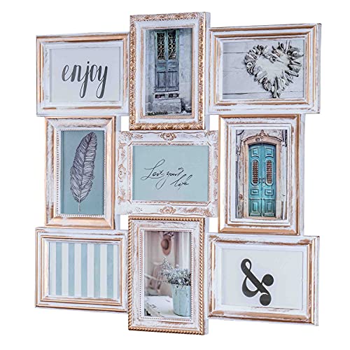 levandeo Fotocollage 96122 für 9 Fotos 10x15 weiß Gold Kupfer gewischt, Shabby antik Look - sehr edler Barock Bilderrahmen nostalgisch Nostalgie Landhaus Fotogalerie Fotorahmen