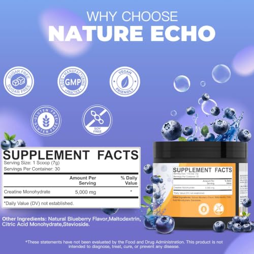 Image of Creatine Monohydrate Powder - Blueberry - 30 Servings | 5g of Creatine Monohydrate - Supports Muscle, ATP Production, Energy, Strength - Vegan, Gluten Free