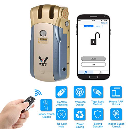 WAFU Cerradura Inalámbrica - Inteligente Cerradura Instalado en el interior más seguro Control Remoto Cerradura Invisible con 4 Control Remotos diseño táctil (101 set2, Azul + Plata)