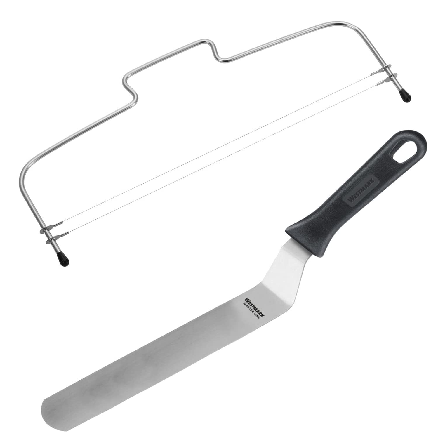 Westmark 1 Cake Base Divider with 2 Serrated Cutting Wires + 1 Angled Palette, 39.5 cm, Stainless Steel, Length: 32 cm, Simplex Duo, Silver/Black, 716022E9