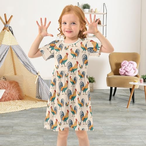 Toddler Girls Dress Summer Roosters Dresses Short Sleeve Clothes Casual Sundress 2-8Y4
