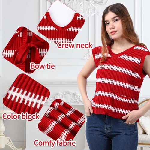 Image of PARTTELY Sweater Vest Women Casual Sleeveless Crochet Tops Color Block Tie Back Knit Tank Tops with Pockets