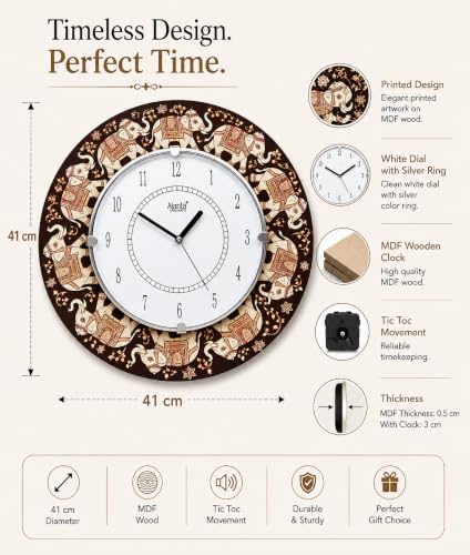 Image of Ajanta 41 CM MDF Wooden Wall Clock with Printed Elephant Design, Tic TOC Movement for Home Living Room Office