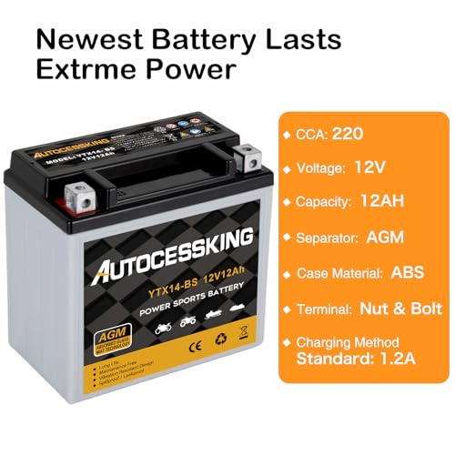 Image of Autocessking YTX14-BS 12V 12Ah Motorcycle Battery, Rechargeable Sealed AGM Battery Maintenance Free Powersport Replacement Battery for ATV and Scooter