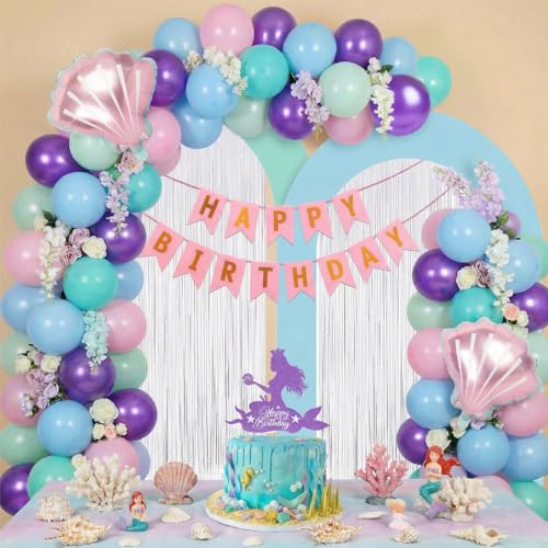 Image of Party Propz Mermaid Theme Birthday Decorations Kit for Girls - 47 Pcs, Happy Birthday Banner, Shell Foil Balloons, White Foil Curtain & Cake Topper, Sea Theme Decorations