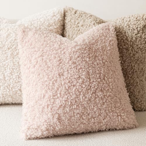 Image of Foindtower Set of 2 Curly Teddy Wool Pillow Covers Decorative Boucle Textured Lumbar Throw Pillow Faux Fur Sherpa Pillowcases Sheepskin Fuzzy Cushion Case for Sofa Bedroom Car 12 inchx20 inch Light Pink