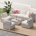 7-Piece Patio Furniture Set,Wicker Sectional Sofa Set, Rattan Sectional Sofa with Water Repellent Cushions and Glass Coffee Table,Modular Patio Conversation Sets for Garden, Balcony, Porch (Off White)