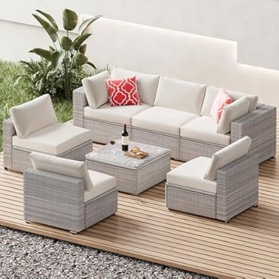 7-Piece Patio Furniture Set,Wicker Sectional Sofa Set, Rattan Sectional Sofa with Water Repellent Cushions and Glass Coffee Table,Modular Patio Conversation Sets for Garden, Balcony, Porch (Off White)