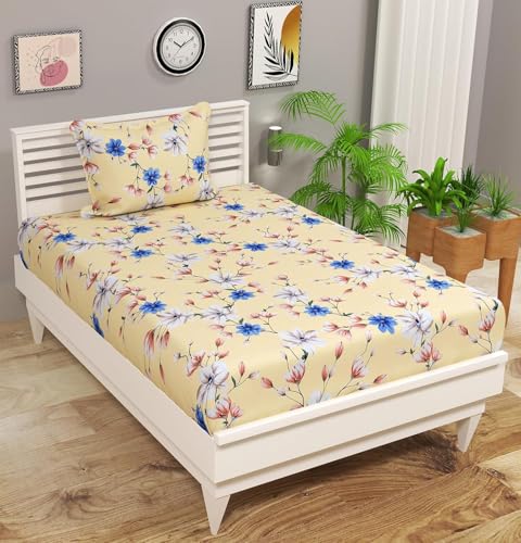 Image of HOMEKART (110 TC & 110 GSM 100% Cotton Feel Bedsheet for Single Bed with One King Size Pillow Covers Soft /Breathable Wrinkel Free -60x90 Inches - (Blue Beig)