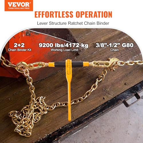 Image of VEVOR Chain and Binder Kit, 3 /8 inch-1 /2 inch Ratchet Load Binders 9200 lbs Working Load Limit, 3 /8 inch x 10' G80 Chains with Grab Hooks, Ratchet Binders and Chains for Truck, Tie Down, Hauling, Towing, 2 Set