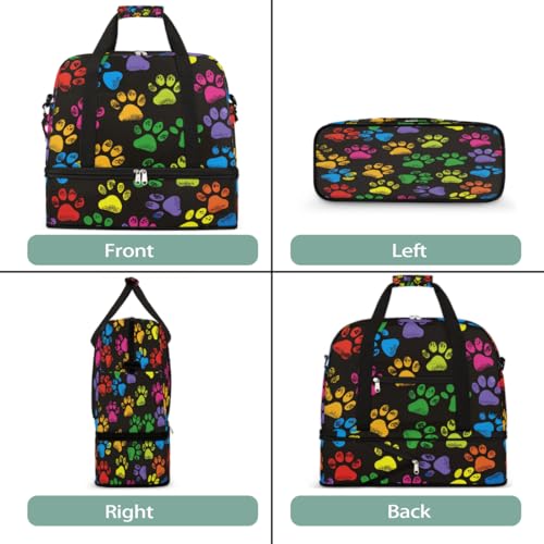 Foldable Carry On Bag for Travel, Expandable Duffle Bag with Shoe Compartment, Colorful Paw Print Lightweight Sports Gym Tote with Trolley Sleeve3