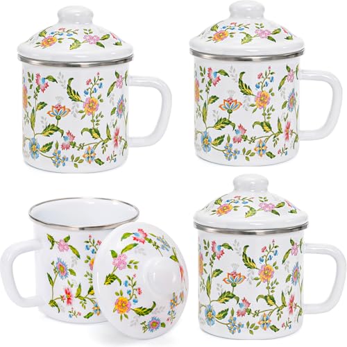 Jucoan Enamel Camping Mug Set of 4, 16 oz Vintage Enamel Metal Coffee Mug with Lid and Handle for Home Office Kitchen Outdoor Camping, Lightweight & Unbreakable Camp Coffee Tea Drinking Cup