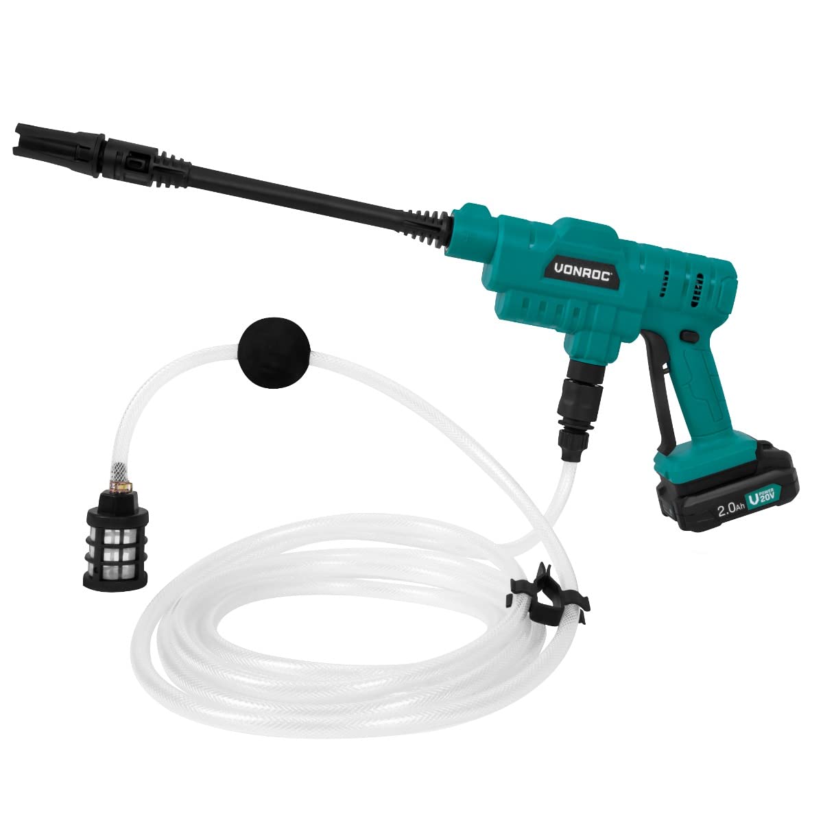 VONROC Hidrolimpiadora compacta sin Cable 20V - 24bar - 198 l/h – Incl. Manguera de aspiración de 5m, Botella de detergente y Boquilla pulverizadora Ajustable – con batería de 2.0Ah y Cargador rápido