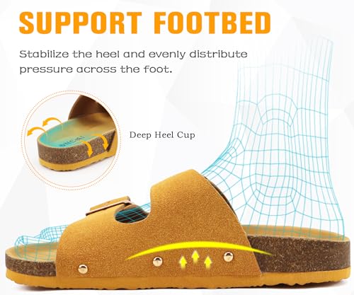 Image of ONCAI Womens Flat Slide Sandals with Arch Support 2 Strap Adjustable Buckle Slip on Slides Shoes Non Slip Rubber Sole