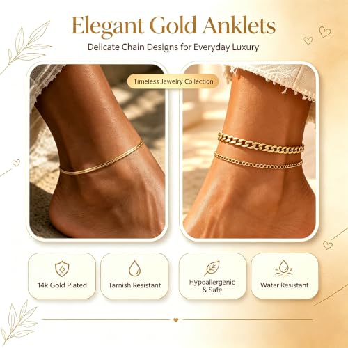 Image of Ankle Bracelets for Women Waterproof 14K Gold /Silver Plated Chain Anklets