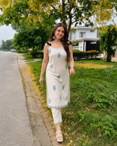 Image of Women's Embroidered Kurta Set, Off-White with Blue Floral Print, Sleeveless Strappy Kurta with Pom-Pom Detail and Matching Pants