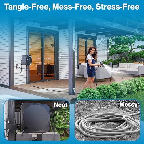 Image of Aquor Retractable Garden Hose Reel, 80ft x 5 /8 inch Retractable Water Hose Reel, Automatic Rewind with Wall Mount, 180 Swivel, Heavy-Duty UV-Resistant Casing (Charcoal)