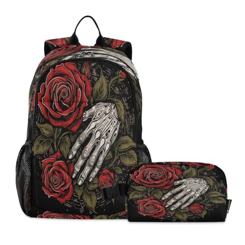 Sac d'école durable crâne main roses avec sac à lunch isotherme pour élèves
