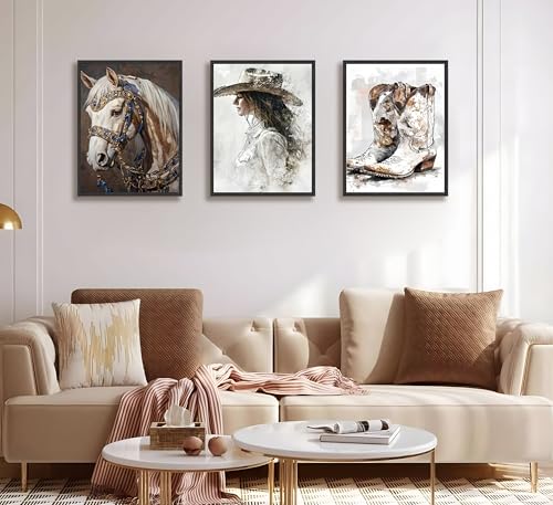 Image of 3pcs Western Vintage Cowgirl Canvas Prints Wall Art 12x16 inches Unframed | Cowboy,Horse,Boots Art Prints, Rustic Farmhouse Country Poster, Room Bedroom Dorm Decor