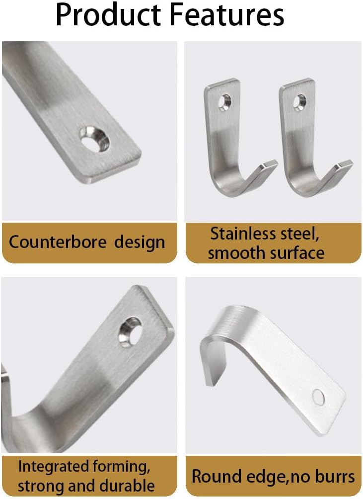 J-Shaped Clothes Hook Wall Mounted Hooks Stainless Steel Coat Hooks Single Hole Wall Mount Hooks Hanger for Hanging Coat Clothes Hat Bag Purse Towel with Screws, Silver, 12Pcs