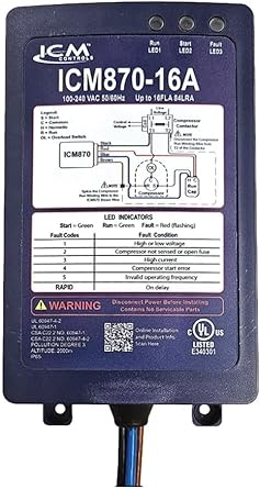 ICM Controls ICM870-16A Soft Start 16A Compressor Protector with Built-in Start Capacitor, Over/Under Voltage Monitoring, Over-Current Protection, IP65 Sealed Enclosure, HVAC/RV/Marine Use