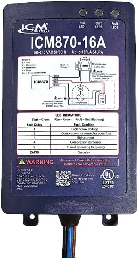 ICM Controls ICM870-16A Soft Start 16A Compressor Protector with Built-in Start Capacitor Over/Under Voltage Monitoring Over-Current Protection IP65 Sealed Enclosure HVAC/RV/Marine Use