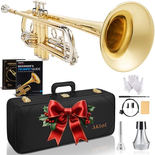 AKLOT Trompeta de campana martillada a mano: acción de válvula suave, cuerpo de latón lacado...