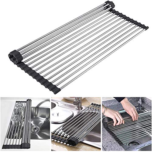 Rcdegk Roll Up Dish Drying Rack Over The Sink Kitchen Counter, The Multipurpose Sink Dish Drainer Mat For Fruits And Vegetable Rinser,Durable Silicone Covered Stainless Steel Rod,Large - 20.5" X 16" #TOP1