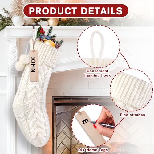 Teeanzo 4Pack 18 Inches Christmas Knitted Hanging Stockings,Xmas White Large Farmhouse Rustic Neutral Cable Knit Personal Stockings Decorations for Christmas Tree Fireplace Family Holiday Party Decor