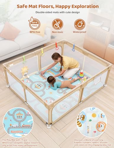 Image of Dripex Baby Playpent with Mat, 71 inchx59 inch Large Play Pen for Babies, Beige | Included Waterproof Mat /Portable Bag / Pull up Rings, Breathable Visible Mesh, Easy Setup, Indoor /Outdoor Use