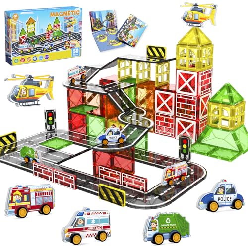 Magnetic Tiles Road Set - 50pcs City Road Magnetic Building Blocks, STEM Magnet Toys for Toddler Boys Girls 3 4 5 6 7 8 Year Old Holidays Birthday Gifts
