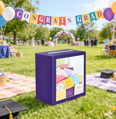 Image of SietDESEO Purple Card Box for Party with Clear Window Large Gift Card Box Holder for Wedding Reception Birthday Graduation Baby Shower Raffle Ticket Box