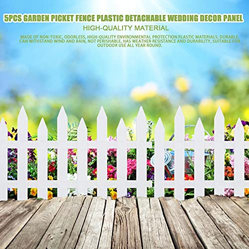 decwang Pack of 5 Picket Fence,Plastic White Edgings Garden Picket Fence with Pointed Stakes,Wedding Party Decorative Garden Fence,Splicable Detachable Plastic Garden Border Edge,White