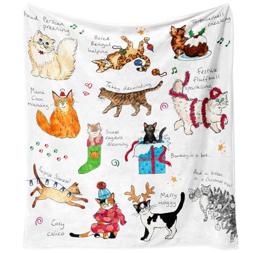 Christmas Throw Blanket for Couch 60x50,Holiday Festival Cute Xmas Merry Christmas Cats Blankets for Cat Loves Woman,Soft Flannel Fleece Blankets for Home Living Room Bed Chair Decor