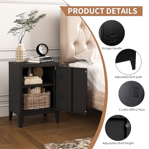 Image of MIOCASA Metal Locker Nightstand with Doors and Shelves, 22.44 inch H Kids Bedside Table, Modern Storage Cabinet Side Table for Home Office
