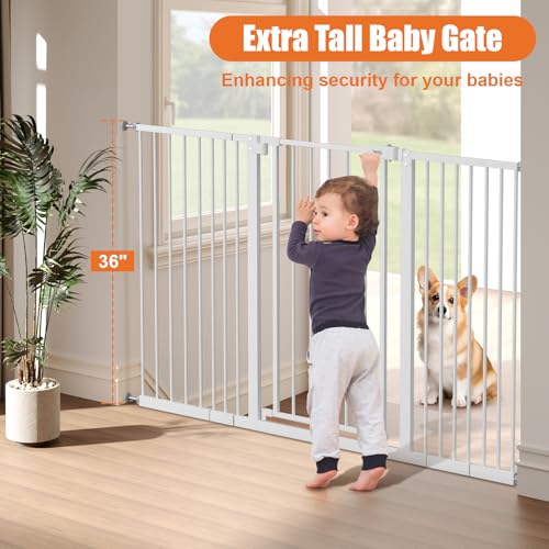 Image of keny 36 inch Extra Tall Baby Gate for Stairs, 29 inch-55 inch Wide Auto Close Dog Gate | for Doorways, Pressure Mounted Easy Walk Through Pet Gate with Door, White