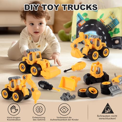 elfish kids Bagger Spielzeug ab 3 Jahre für Jungen, 4 in 1 BAU Baustellenfahrzeuge Kinder mit Spielmatte Set, Zerlegen Spielzeug DIY Baufahrzeuge Lernspielzeug für Geschenk Junge 3 4 5 6 Jahre