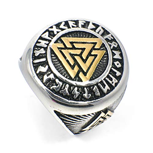 Gungneer 18K Gold Plated Viking Valknut Rune Letter Circle Stainless Steel Ring Men Women Norse Protection Jewelry