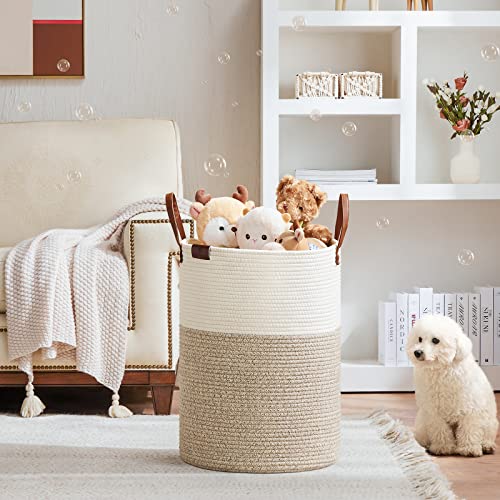 Image of VIPOSCO 72L Tall Woven Rope Laundry Hamper, Leather Handles, White & Brown | Large Wicker Laundry Basket for Dirty Clothes, Blanket, Toy, Towel, Yoga Mat, Storage Bin in Bedroom, Bathroom, Living Room