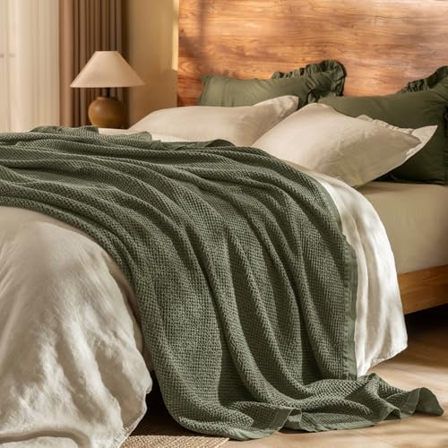 Image of PHF Stone Washed 100% Cotton Waffle Blanket, Vintage Deep Honeycomb Texture, Breathable Thermal Blanket for Bed & Home Decor, All Season Layering - King, Moss