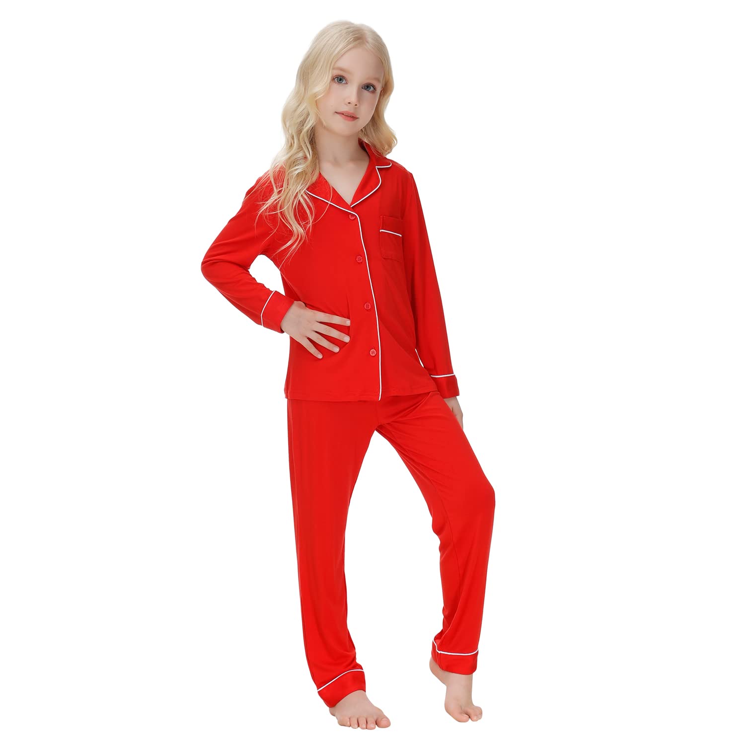 Verve Jelly Unisex Mädchen Jungen Pyjama-Set Button-Down-PJs Langarm-Button-Down-Hemd mit Taschen Lange Hosen Nachtwäsche Zweiteilige Lounge-Sets