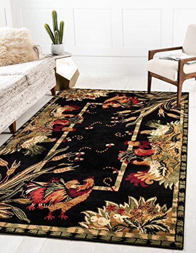 Image of Unique Loom Barnyard Collection French Country Cottage Roosters Black Round Rug (8' 0 x 8' 0)