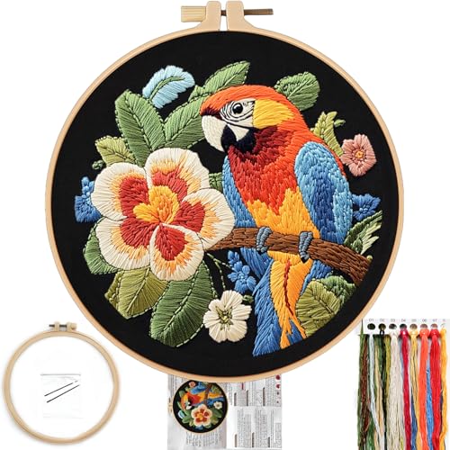 Image of FONNUY Embroidery Kit for Beginners, Birds with Flowers Pre-Stamped Pattern Kits for Adults with Hoop, Easy to Follow Color Thread Needlework, 8'' Hoop (Orange Parrot)
