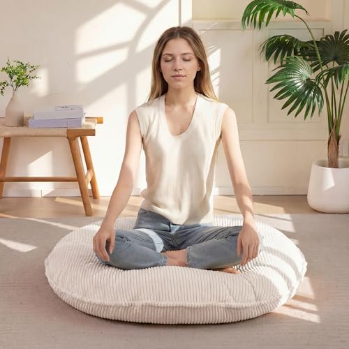 35' Washable Floor Pillow Cushion for Adults, Meditation Cushion Pillow, Extra Large Round Floor Sitting, Removable Tufted Corduroy Cover, for Tatami Living Room or Yoga, Beige, Machine Washable